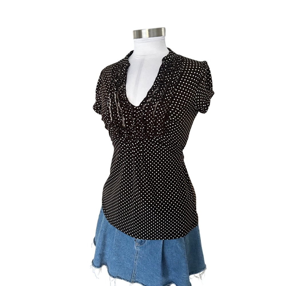 Vintage Y2K Heart Soul Polka Dot Top Medium Brown Ruffle V-Neck Cinched Tie Back - Picture 2 of 5